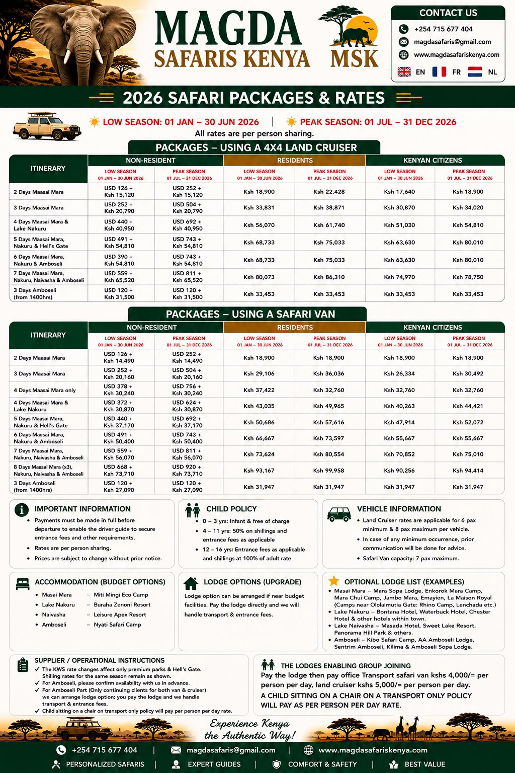 Magda Safaris Kenya 2026 Safari Packages and Rates